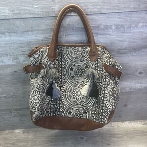 T Shirt & Jeans Purse Tote Bag Boho Canvas Vegan Leather Tassels Black Cream